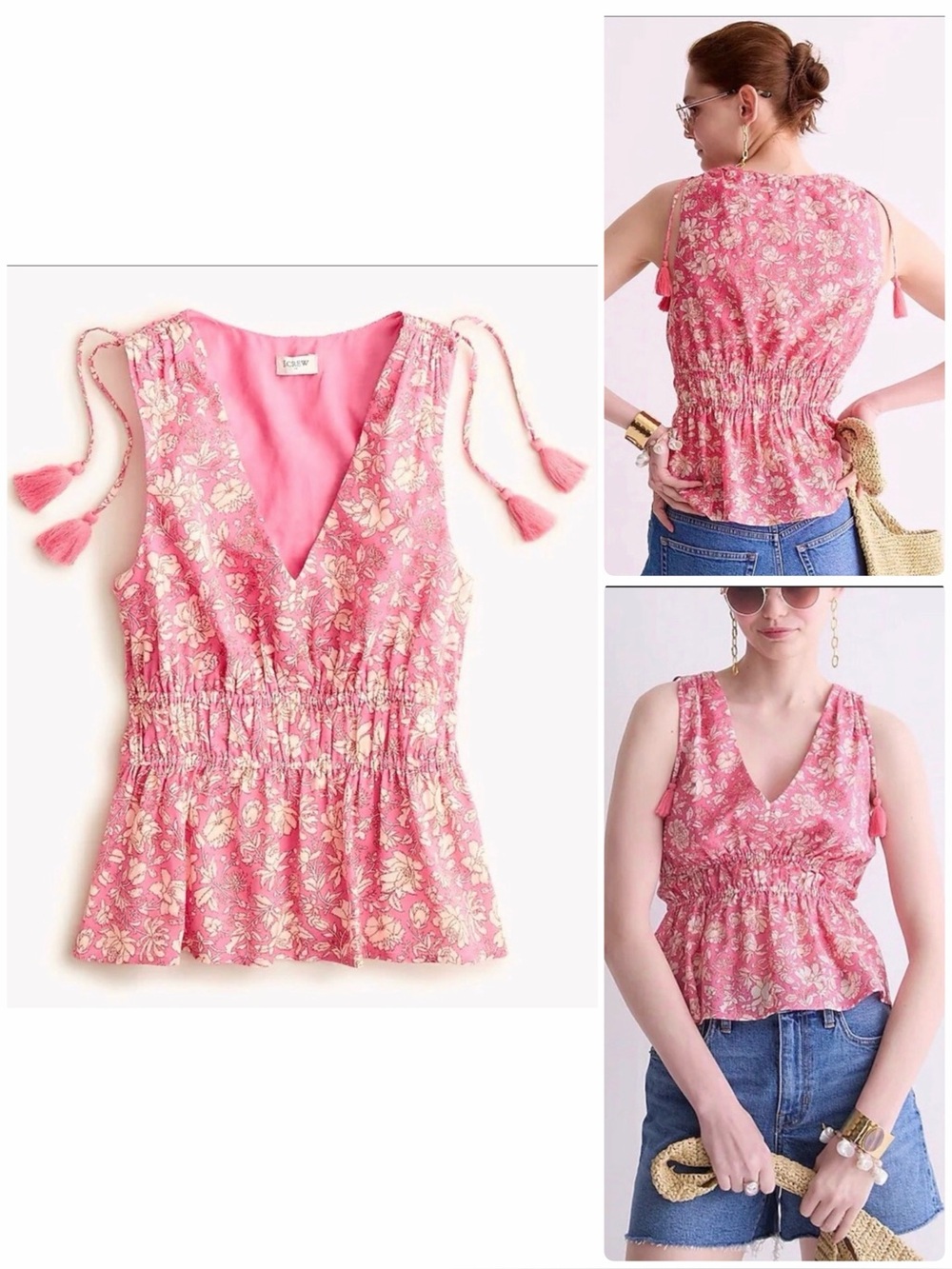 J. Crew Top Tossed Floral Cotton V-Neck Voile Elastic Waist Lined Lightweight